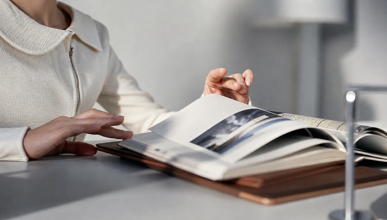 Hands turning pages in a design book