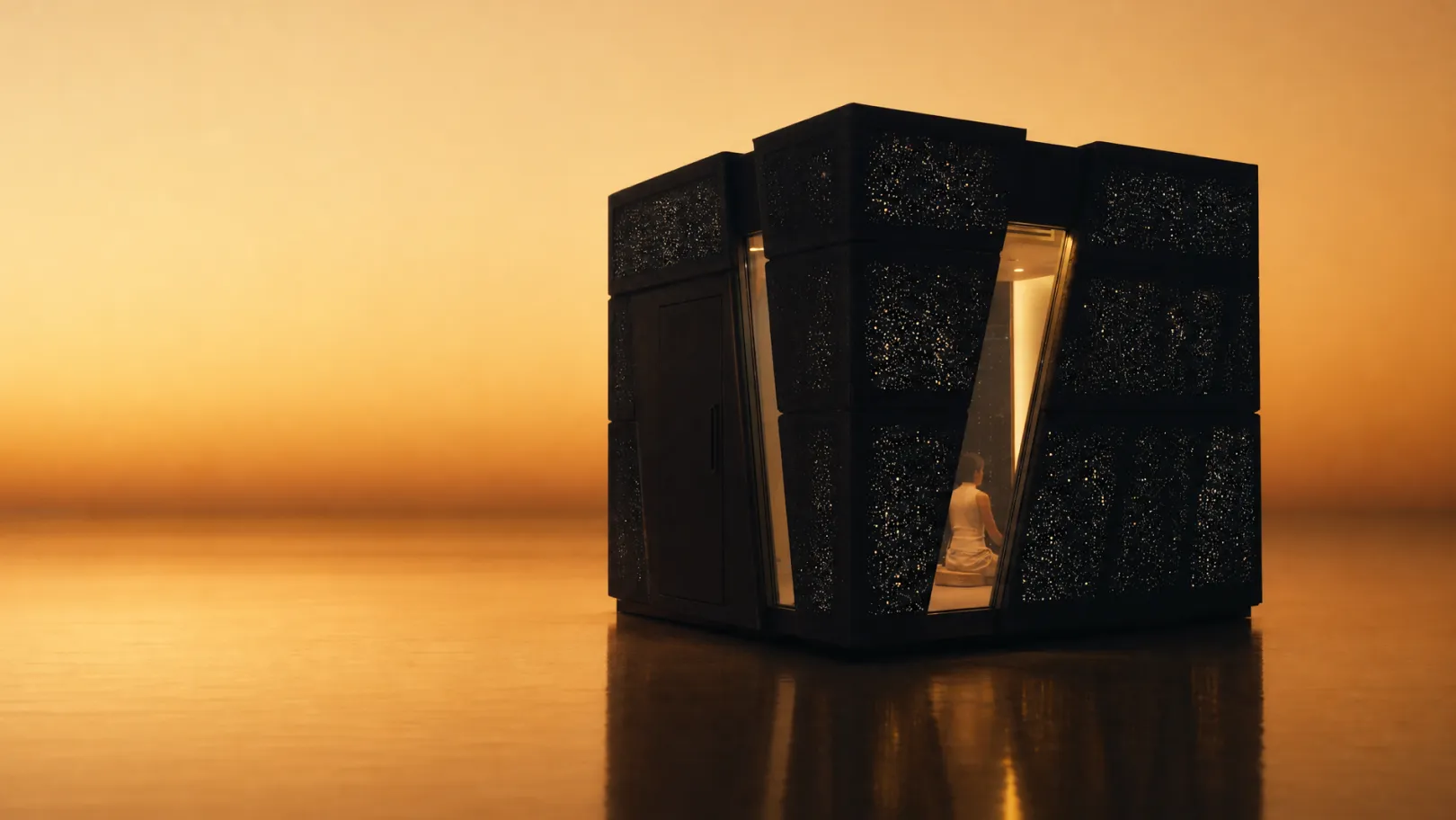 Person seated inside L-Space at sunset